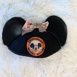 Vintage Disneyland Mickey Mouse Ears, Black Hat with Ears, Bow/Floral, 1970s